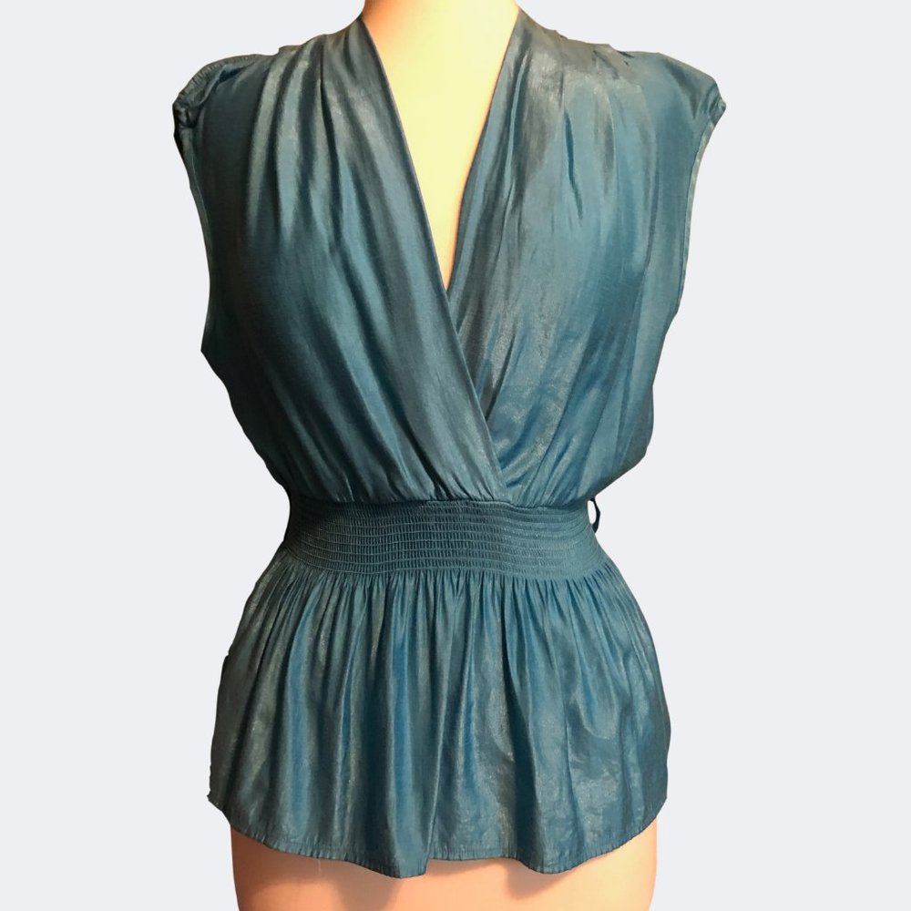 Rainbow Teal Blue Silk Blend V-Neck Smocked Peplum Blouse Top Medium / Large